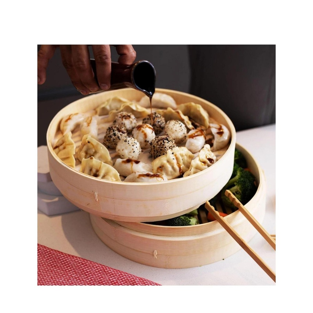 Traditional 10 Inch Bamboo Steamer Basket 2 Tier for Dumplings Buns Vegetables - Picture 2 of 11